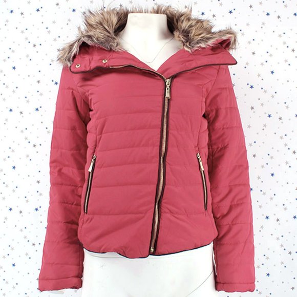 Removable Faux Fur Collar Puffer Jacket Dusty Pink - Picture 2 of 8